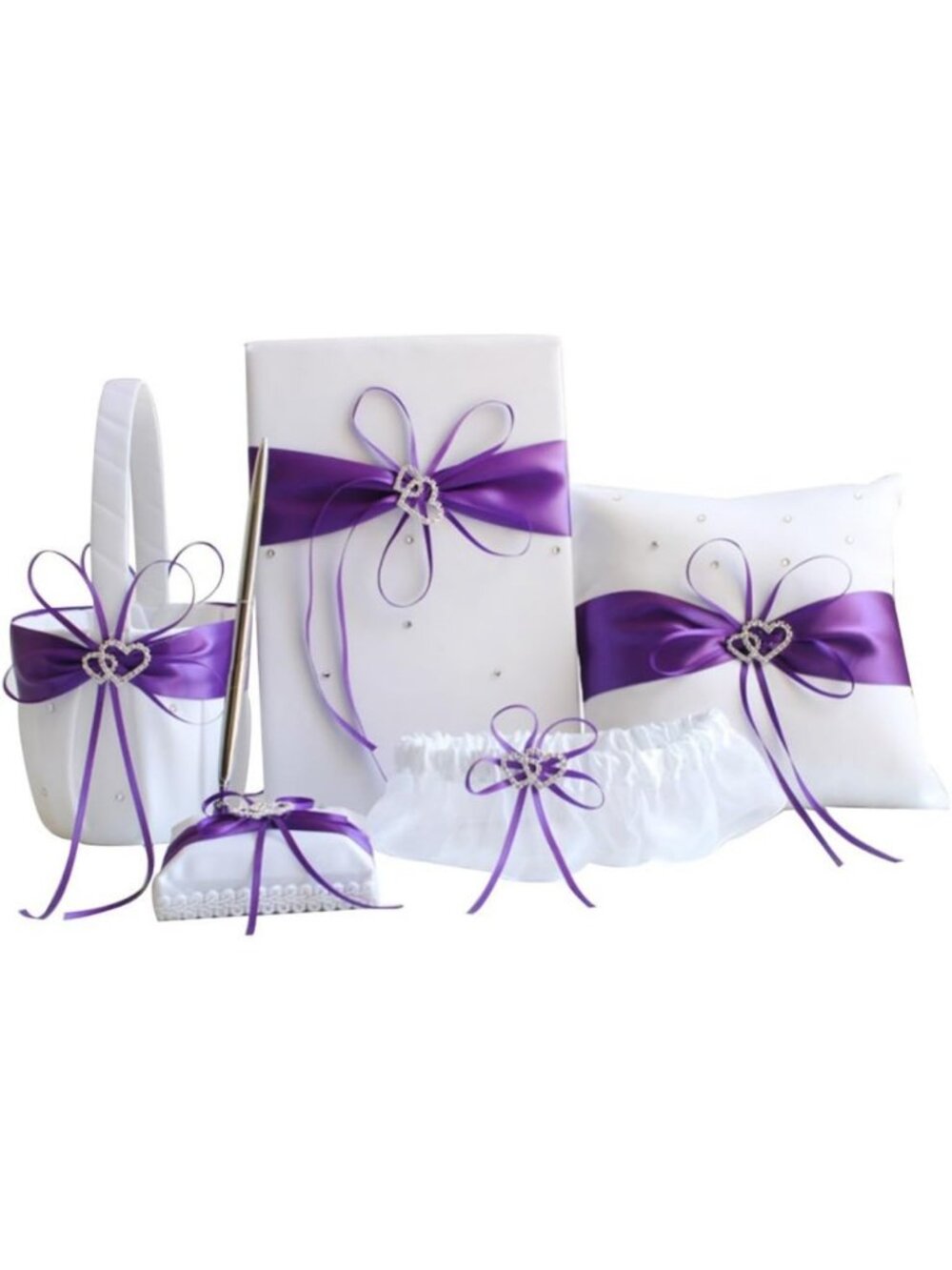 5-Piece Purple Wedding Set: Flower Girl Basket, Guest Book, Pen, Ring Pillow